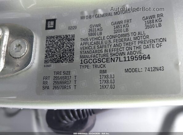 1GCGSCEN7L1195964 2020 CHEVROLET COLORADO Серый Вид подкапотного пространства