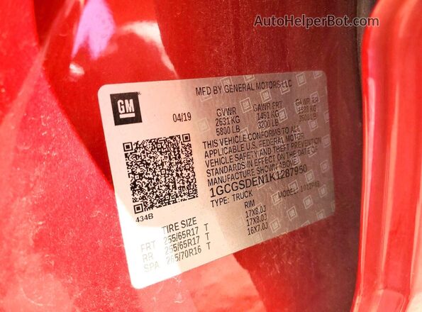 1GCGSDEN1K1287950 2019 CHEVROLET COLORADO Темно-бордовый Вид наклейки с VIN-кодом