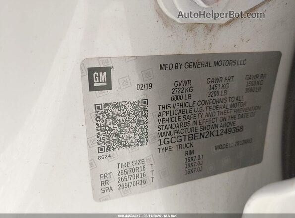 1GCGTBEN2K1249368 2019 CHEVROLET COLORADO Белый Вид подкапотного пространства