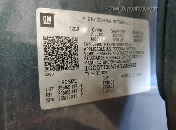 1GCGTCEN3K1208933 2019 CHEVROLET COLORADO Синий Вид наклейки с VIN-кодом