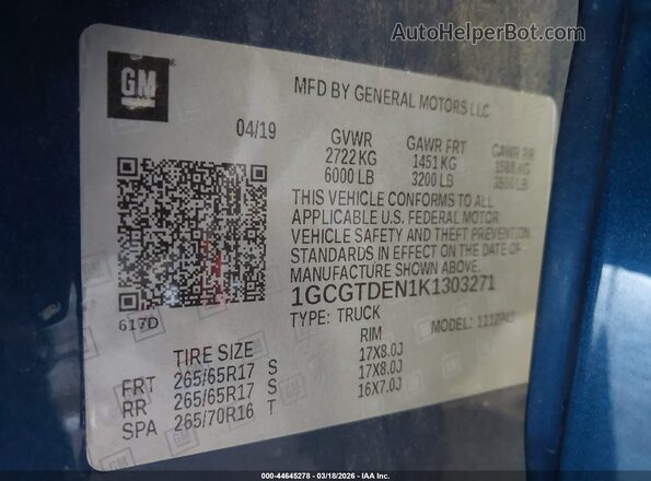 1GCGTDEN1K1303271 2019 CHEVROLET COLORADO Синий Вид подкапотного пространства