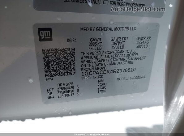 1GCPACEK4RZ376510 2024 CHEVROLET SILVERADO Белый Вид подкапотного пространства