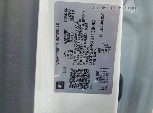 1GCPSBEK4S1138698 2025 CHEVROLET COLORADO White Widok naklejki z numerem VIN