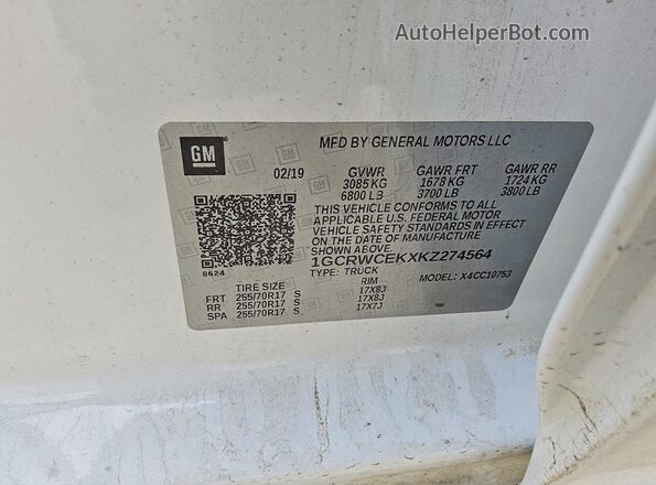 1GCRWCEKXKZ274564 2019 CHEVROLET SILVERADO Белый Вид подкапотного пространства