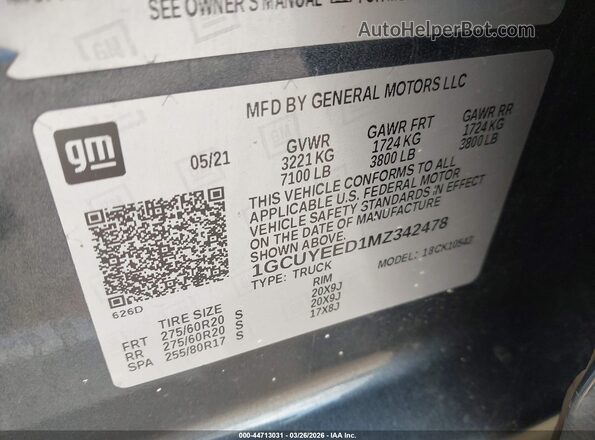 1GCUYEED1MZ342478 2021 CHEVROLET SILVERADO Синий Вид подкапотного пространства