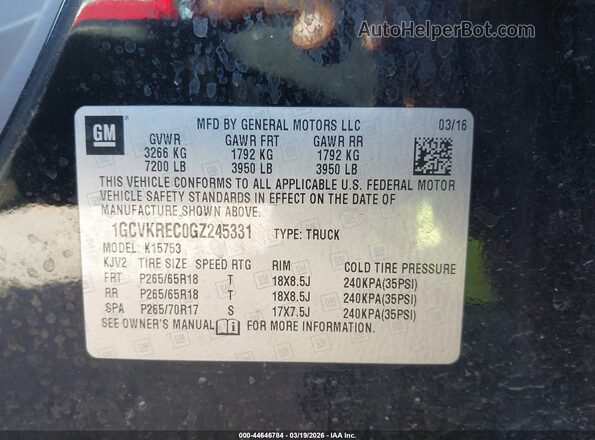 1GCVKREC0GZ245331 2016 CHEVROLET SILVERADO Black Вид підкапотного простору