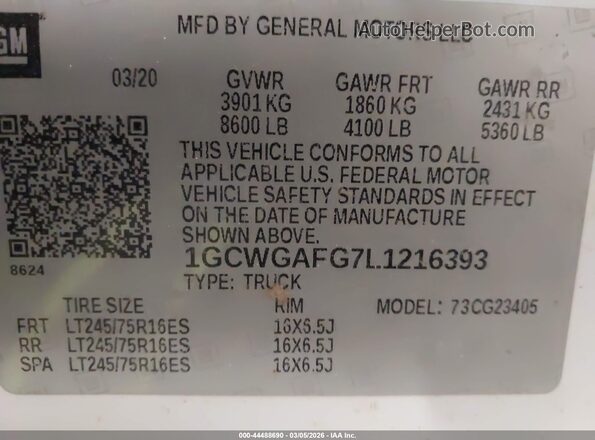 1GCWGAFG7L1216393 2020 CHEVROLET EXPRESS Белый Вид подкапотного пространства