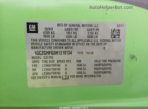 1GCZGHFG8H1218134 2017 CHEVROLET EXPRESS Зеленый Вид подкапотного пространства