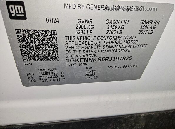 1GKENNKS5RJ197875 2024 GMC ACADIA Белый Вид наклейки с VIN-кодом