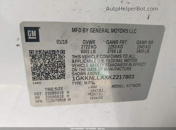 1GKKNLLAXKZ217803 2019 GMC ACADIA Белый Вид подкапотного пространства