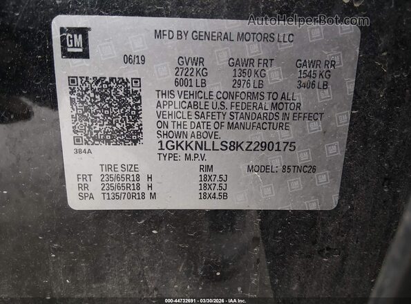 1GKKNLLS8KZ290175 2019 GMC ACADIA Черный Вид подкапотного пространства