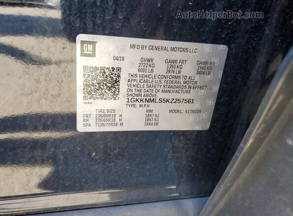 1GKKNMLS5KZ257561 2019 GMC ACADIA Black ძრავის განყოფილების ხედი