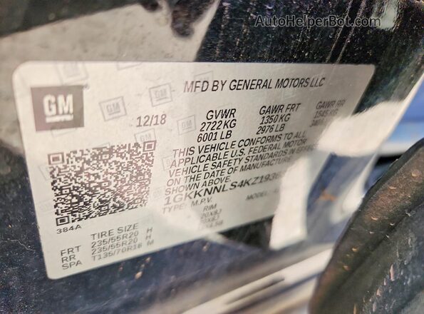 1GKKNNLS4KZ193681 2019 GMC ACADIA Black Widok naklejki z numerem VIN