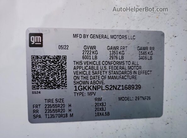 1GKKNPLS2NZ168939 2022 GMC ACADIA Белый Вид наклейки с VIN-кодом