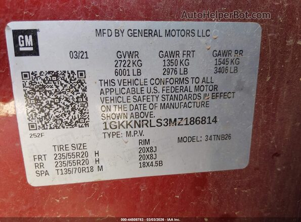 1GKKNRLS3MZ186814 2021 GMC ACADIA Красный Вид подкапотного пространства
