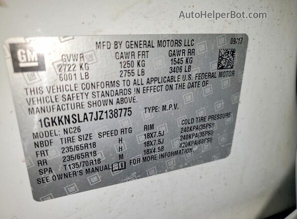 1GKKNSLA7JZ138775 2018 GMC ACADIA Белый Вид наклейки с VIN-кодом