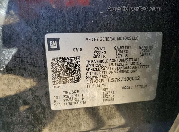 1GKKNTLS7KZ100012 2019 GMC ACADIA Black Widok naklejki z numerem VIN