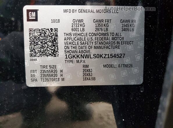 1GKKNWLS0KZ154527 2019 GMC ACADIA Black Widok naklejki z numerem VIN