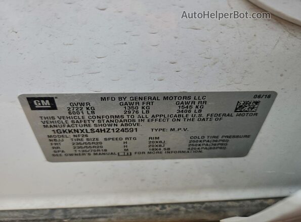 1GKKNXLS4HZ124591 2017 GMC ACADIA White Widok naklejki z numerem VIN