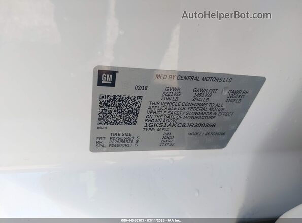 1GKS1AKC8JR300356 2018 GMC YUKON Белый Вид подкапотного пространства