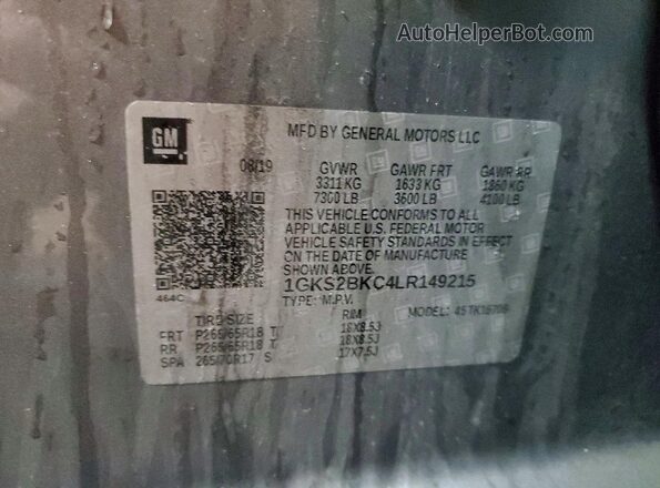 1GKS2BKC4LR149215 2020 GMC YUKON Silver Widok naklejki z numerem VIN