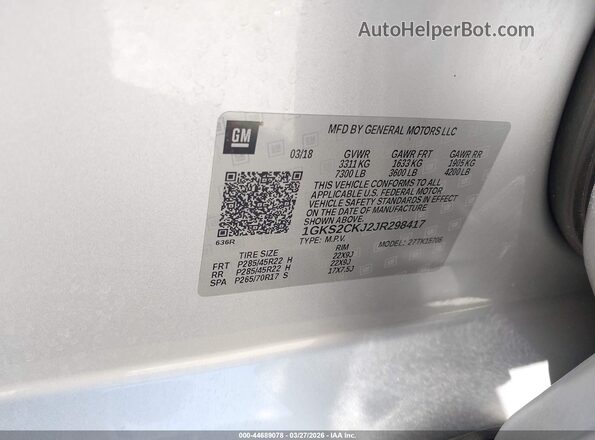 1GKS2CKJ2JR298417 2018 GMC YUKON Серебряный Вид подкапотного пространства
