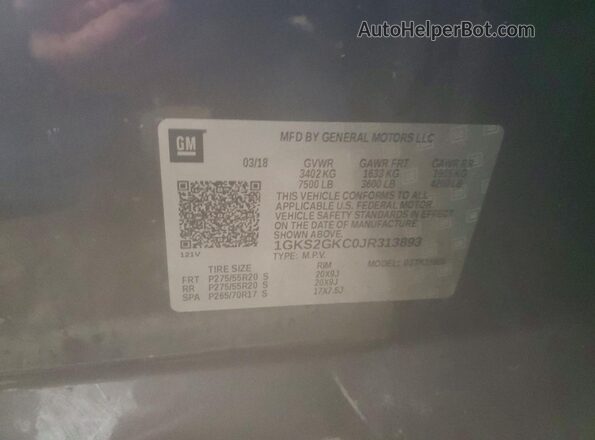 1GKS2GKC0JR313893 2018 GMC YUKON Gray Widok naklejki z numerem VIN