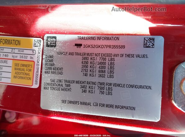 1GKS2GKD7PR355589 2023 GMC YUKON Red Vista del compartimento del motor