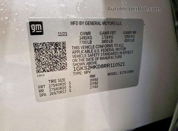 1GKS2HKD8RR110521 2024 GMC YUKON Белый Вид наклейки с VIN-кодом