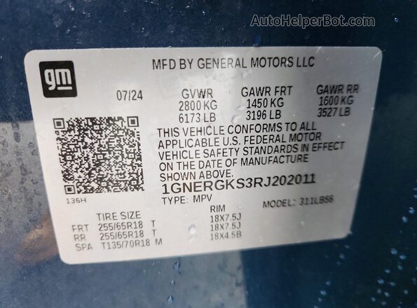 1GNERGKS3RJ202011 2024 CHEVROLET TRAVERSE Blue Widok naklejki z numerem VIN