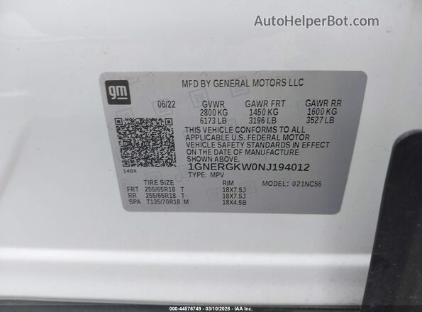 1GNERGKW0NJ194012 2022 CHEVROLET TRAVERSE Белый Вид подкапотного пространства
