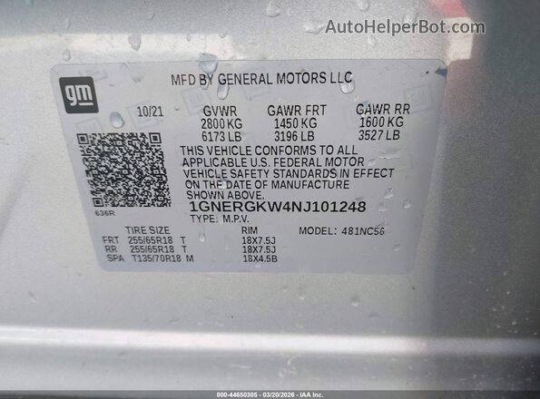 1GNERGKW4NJ101248 2022 CHEVROLET TRAVERSE Silver Widok komory silnika