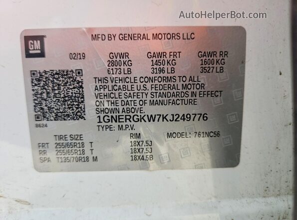 1GNERGKW7KJ249776 2019 CHEVROLET TRAVERSE Белый Вид наклейки с VIN-кодом