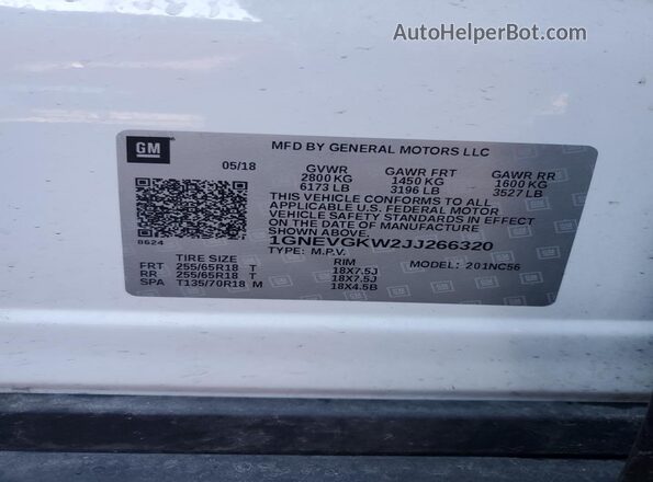 1GNEVGKW2JJ266320 2018 CHEVROLET TRAVERSE White Widok naklejki z numerem VIN
