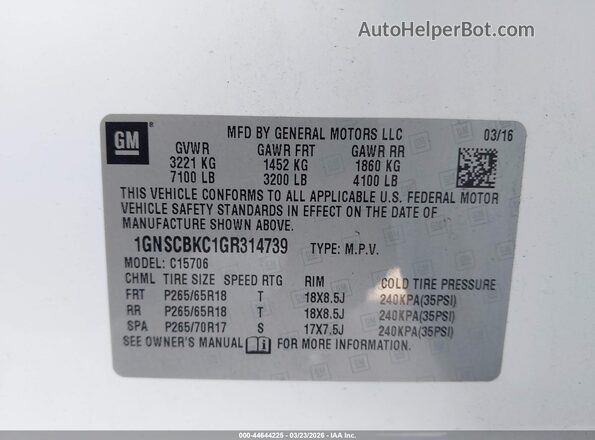 1GNSCBKC1GR314739 2016 CHEVROLET TAHOE Белый Вид подкапотного пространства