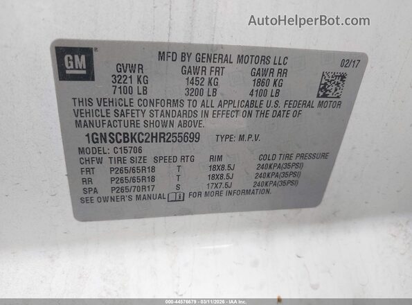 1GNSCBKC2HR255699 2017 CHEVROLET TAHOE Белый Вид подкапотного пространства