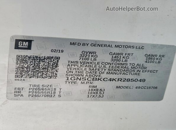 1GNSCBKC4KR285049 2019 CHEVROLET TAHOE White Widok naklejki z numerem VIN