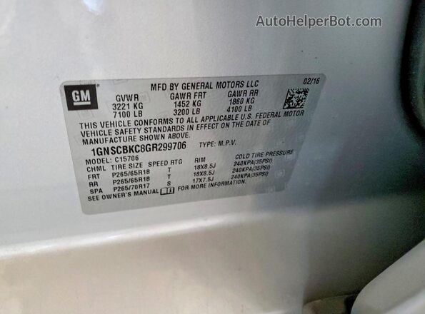 1GNSCBKC8GR299706 2016 CHEVROLET TAHOE Серебряный Вид наклейки с VIN-кодом