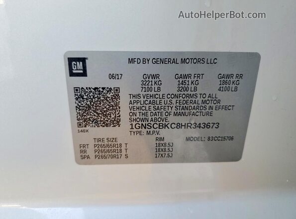 1GNSCBKC8HR343673 2017 CHEVROLET TAHOE Белый Вид наклейки с VIN-кодом