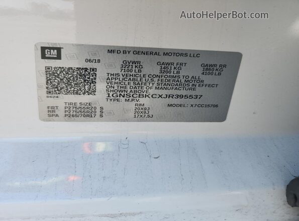 1GNSCBKCXJR395537 2018 CHEVROLET TAHOE Белый Вид наклейки с VIN-кодом