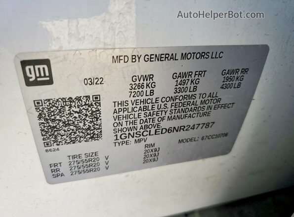 1GNSCLED6NR247787 2022 CHEVROLET TAHOE Белый Вид наклейки с VIN-кодом