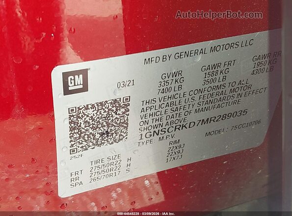 1GNSCRKD7MR289035 2021 CHEVROLET TAHOE Красный Вид подкапотного пространства