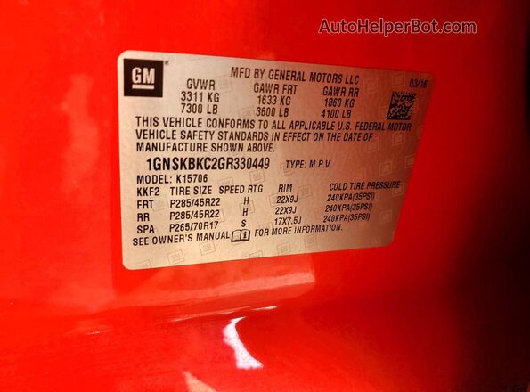 1GNSKBKC2GR330449 2016 CHEVROLET TAHOE Красный Вид наклейки с VIN-кодом
