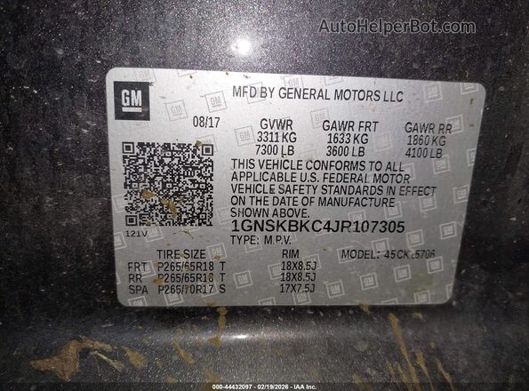 1GNSKBKC4JR107305 2018 CHEVROLET TAHOE Серый Вид подкапотного пространства