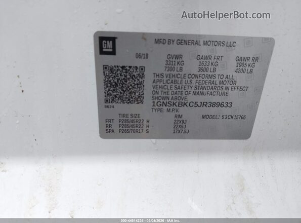 1GNSKBKC5JR389633 2018 CHEVROLET TAHOE Белый Вид подкапотного пространства