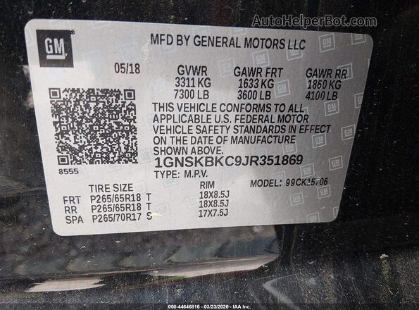 1GNSKBKC9JR351869 2018 CHEVROLET TAHOE Черный Вид подкапотного пространства