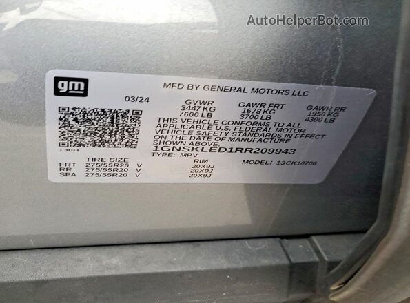 1GNSKLED1RR209943 2024 CHEVROLET TAHOE Silver Панорамний вид салону 360°