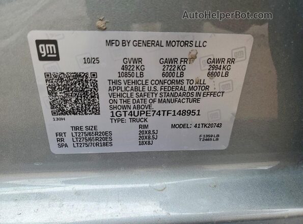 1GT4UPE74TF148951 2026 GMC SIERRA Gray VIN კოდის სტიკერის ხედი