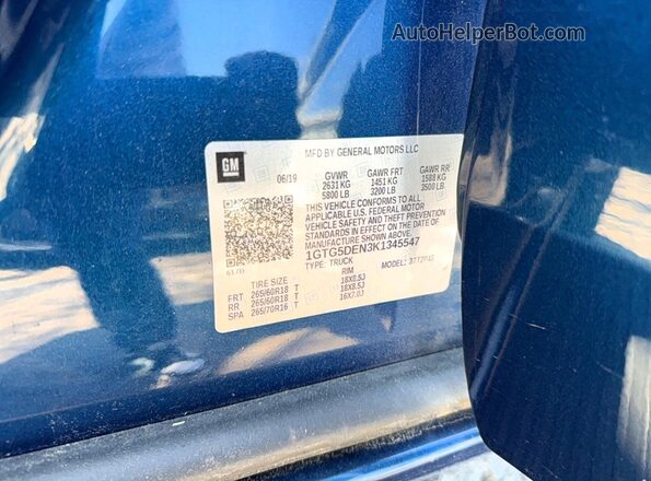 1GTG5DEN3K1345547 2019 GMC CANYON Синий Вид задней части салона
