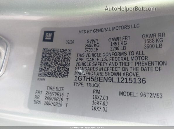 1GTH5BEN9L1215136 2020 GMC CANYON Серебряный Вид подкапотного пространства